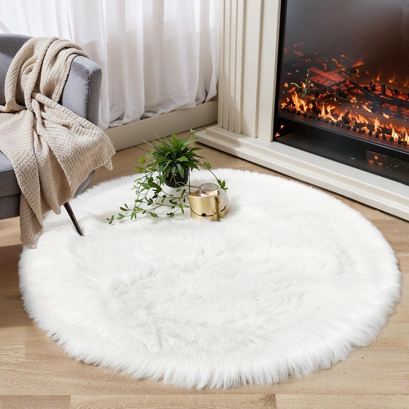 Ciicool Round Fur Fluffy Area Rug for Bedroom, White Faux Fur Rugs Furry Circle Rug for Kids Room, Cute Furry Nursery Carpet, Plush Shag Circular Rugs Floor Carpets for Teen Girl Room, 3x3 Ft - Image 5
